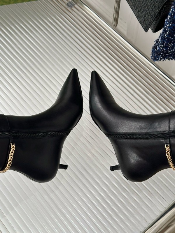 2024 Women YSL Black Leather Boots Chain Detail