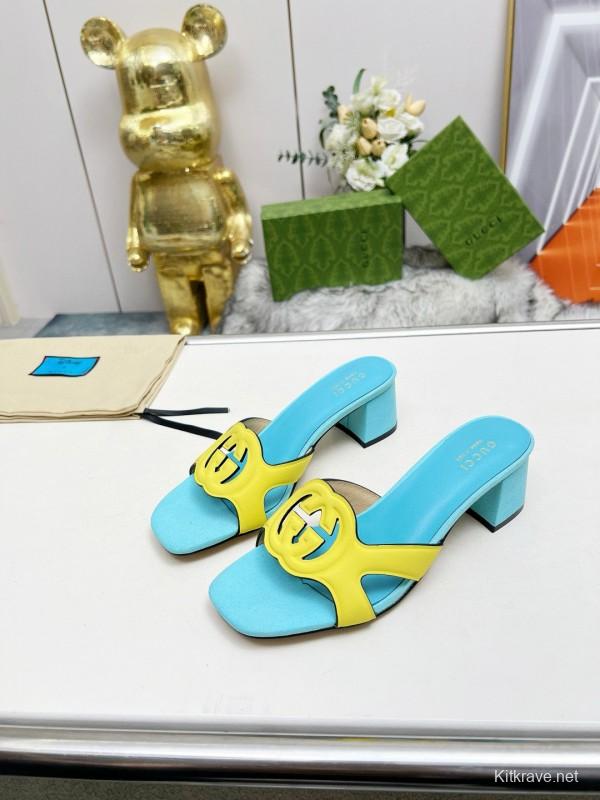2025 Gucci Blue Yellow Leather Slippers
