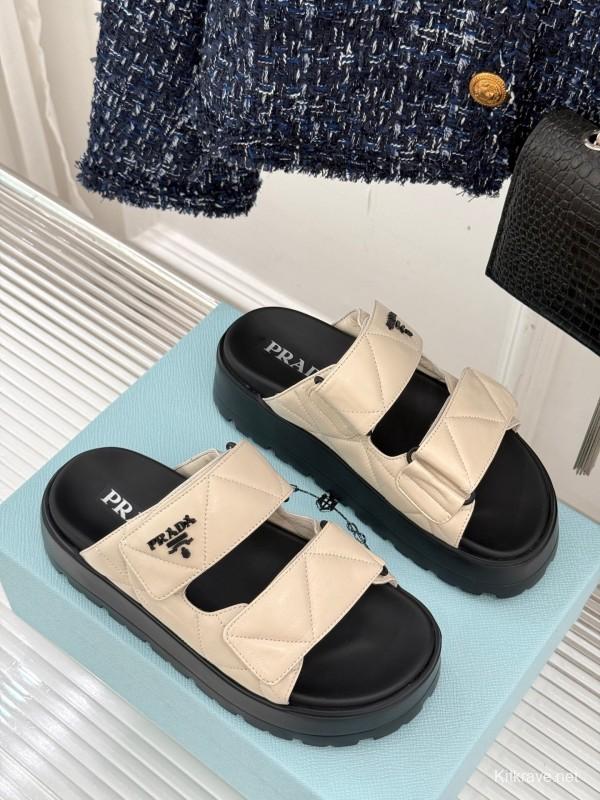 2025 Slippers Prada Beige Leather Magic Tape Platform Thick Sole