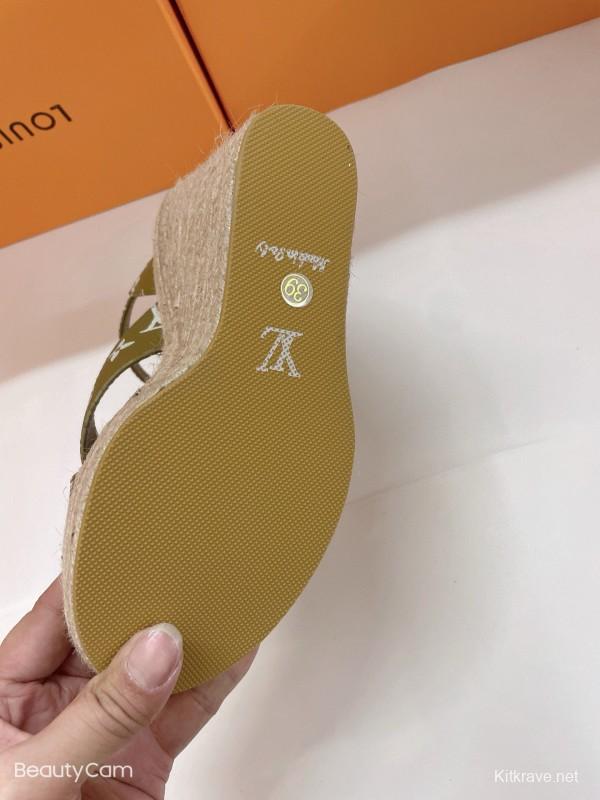 2025 Women Louis Vuitton Pink Beige Green Leather Denim Espadrilles Sandals MJ00280