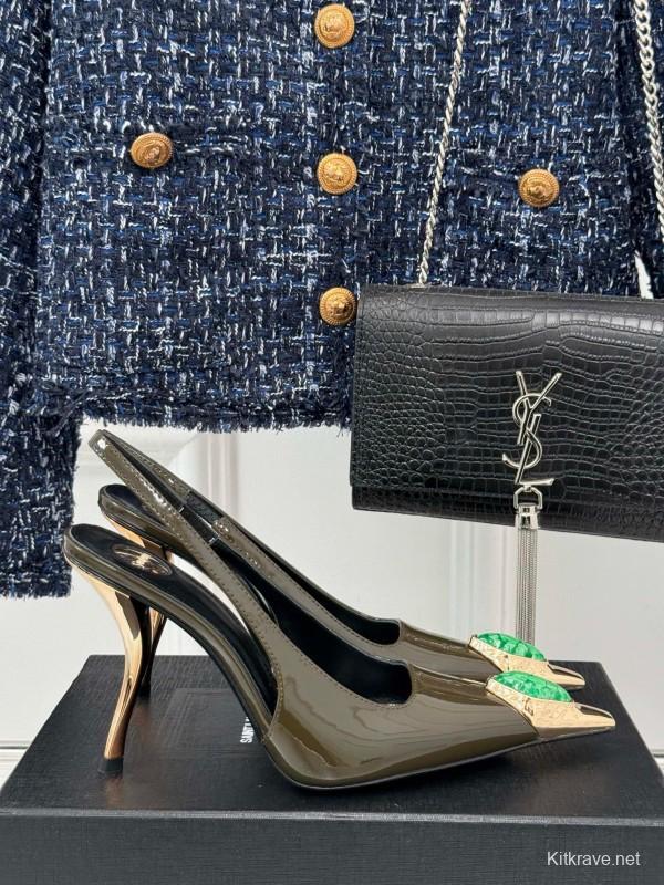 2024 Women Yves Saint Laurent Olive Green Gold Calf Leather Slingback Gemstone High Heels MJ00330