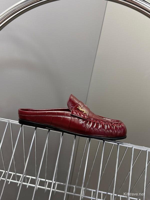 2025 Women Yves Saint Laurent Burgundy Leather Loafers