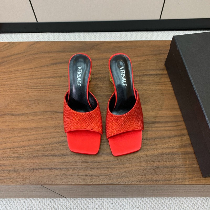2025 Women VERSACE Red Leather Suede Slip-on Sandals