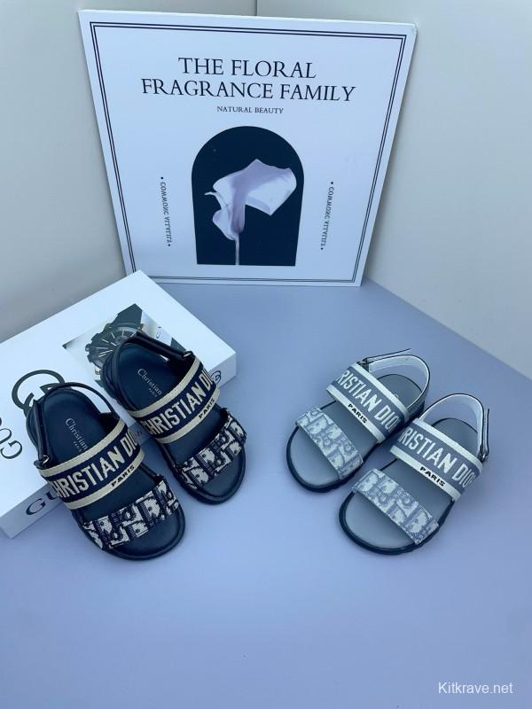 2025 Kids DIOR White Black Canvas Sandals