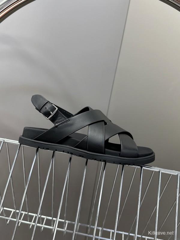2025 Women Hermès Black Leather Sandals