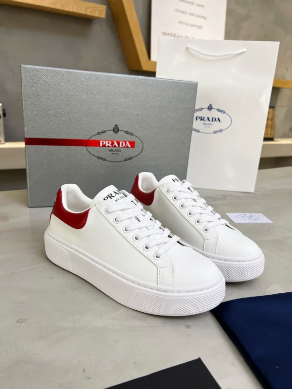 2024 Unisex Prada White Red Calfskin Silk Thick Sole Sneakers MJ00310