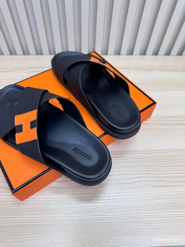 2025 Slippers Hermès Black Orange Leather Slippers