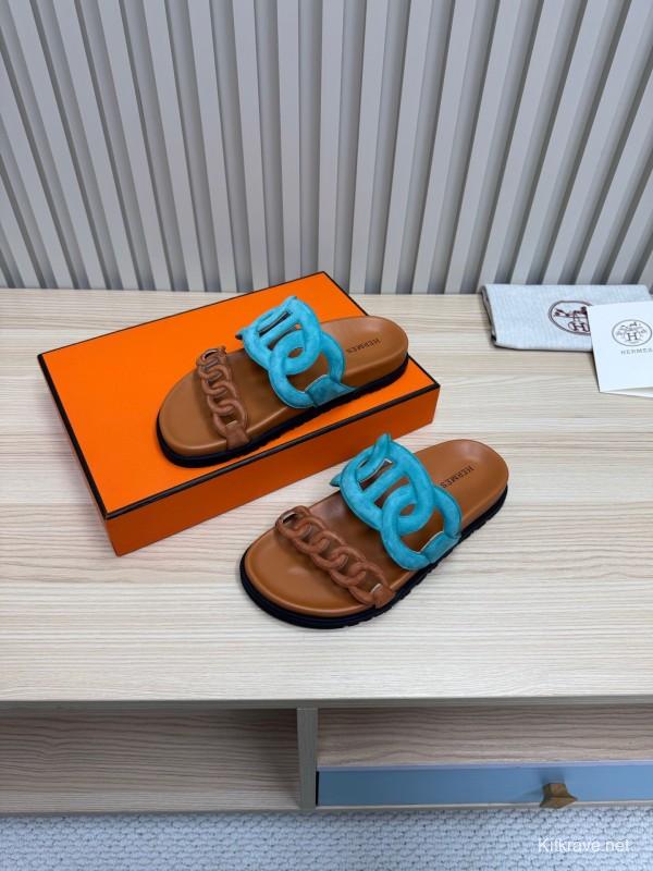 2025 Slippers Hermès Blue Brown Leather Slippers
