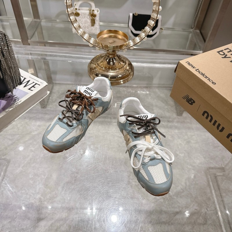 2025 Women Miumiu Light Blue White Leather Mesh Sneakers