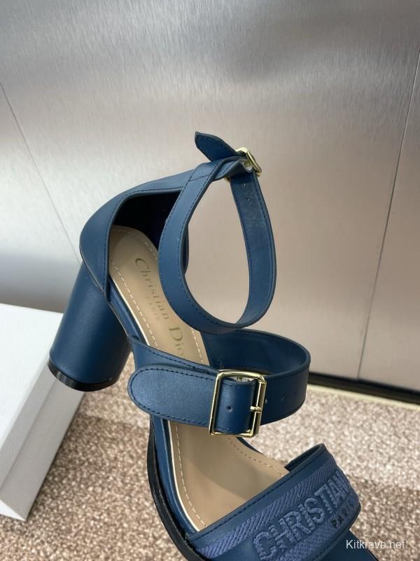 2025 Women Dior Navy Blue Leather Sandals Ankle Strap KFY00310