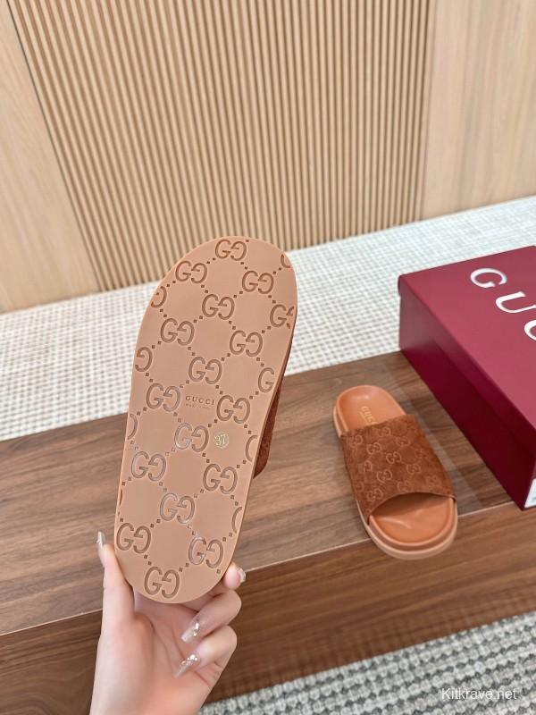 2025 Women Gucci Brown Suede Leather Slippers