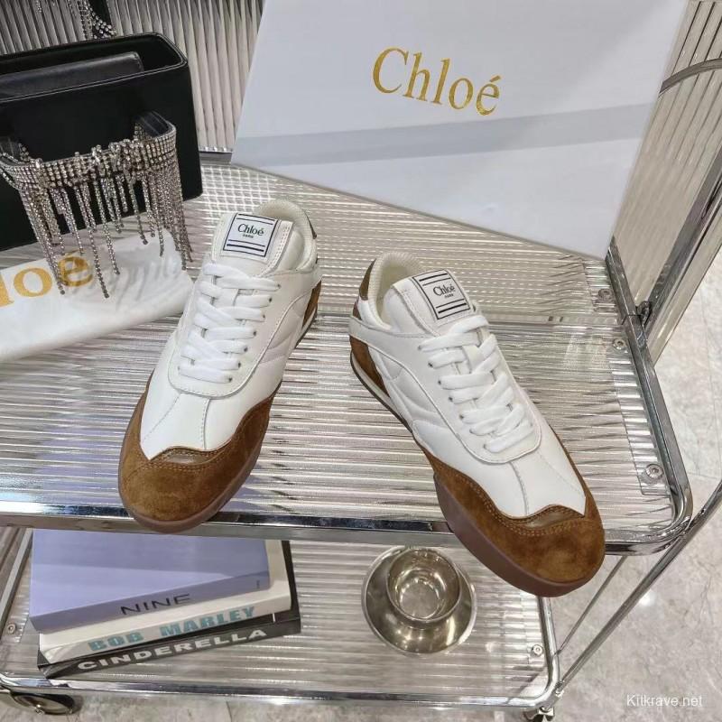 2025 Women Chloé White Brown Leather Suede Sneakers LY00300