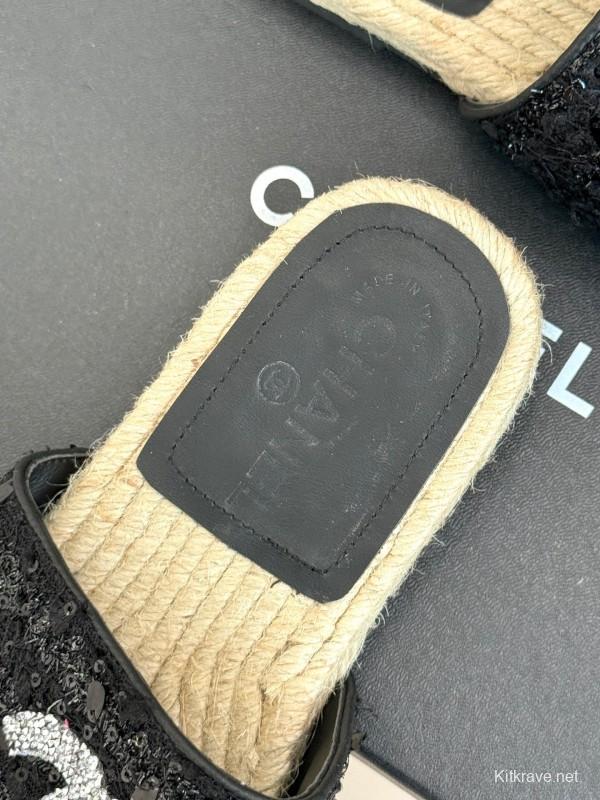 2025 Women Chanel Black Sequin Espadrille Slides Classic Double C Logo Handmade Braided Sole KFY00240(F)