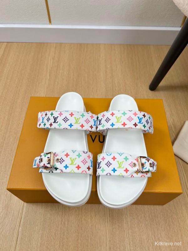 2025 Women Louis Vuitton White Multicolor Canvas Slippers KFY00280
