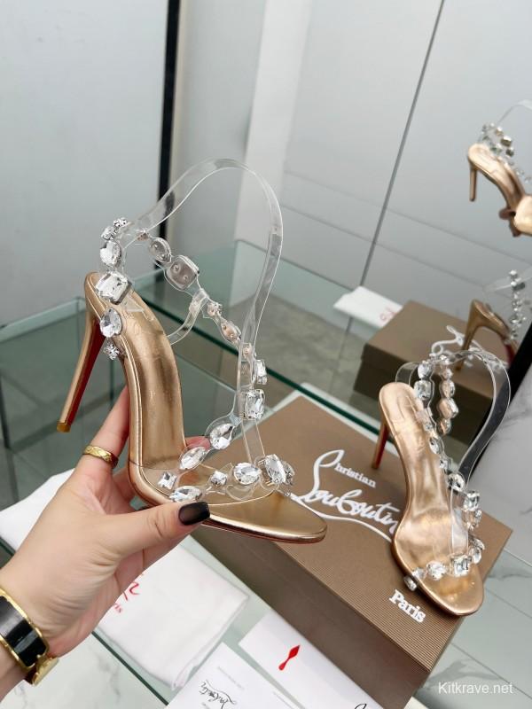 2025 Women Christian Louboutin Gold PVC Crystal High Heel Sandals LY00300