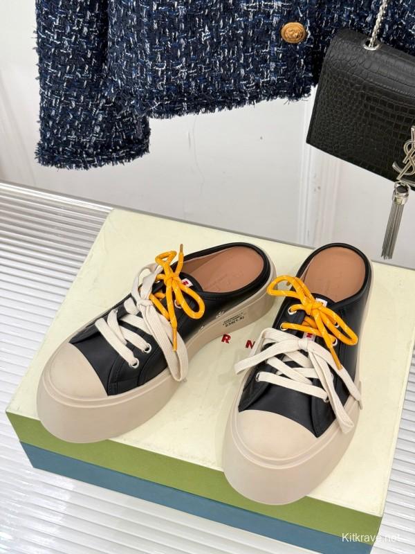 2025 Women YSL Saint Laurent Black White Leather Platform Sneakers Yellow Lace LY00360(F)
