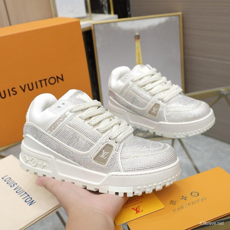 2024 Unisex Louis Vuitton White Crystal Trainer Leather Plimsolls High Temperature Pressing MJ00430