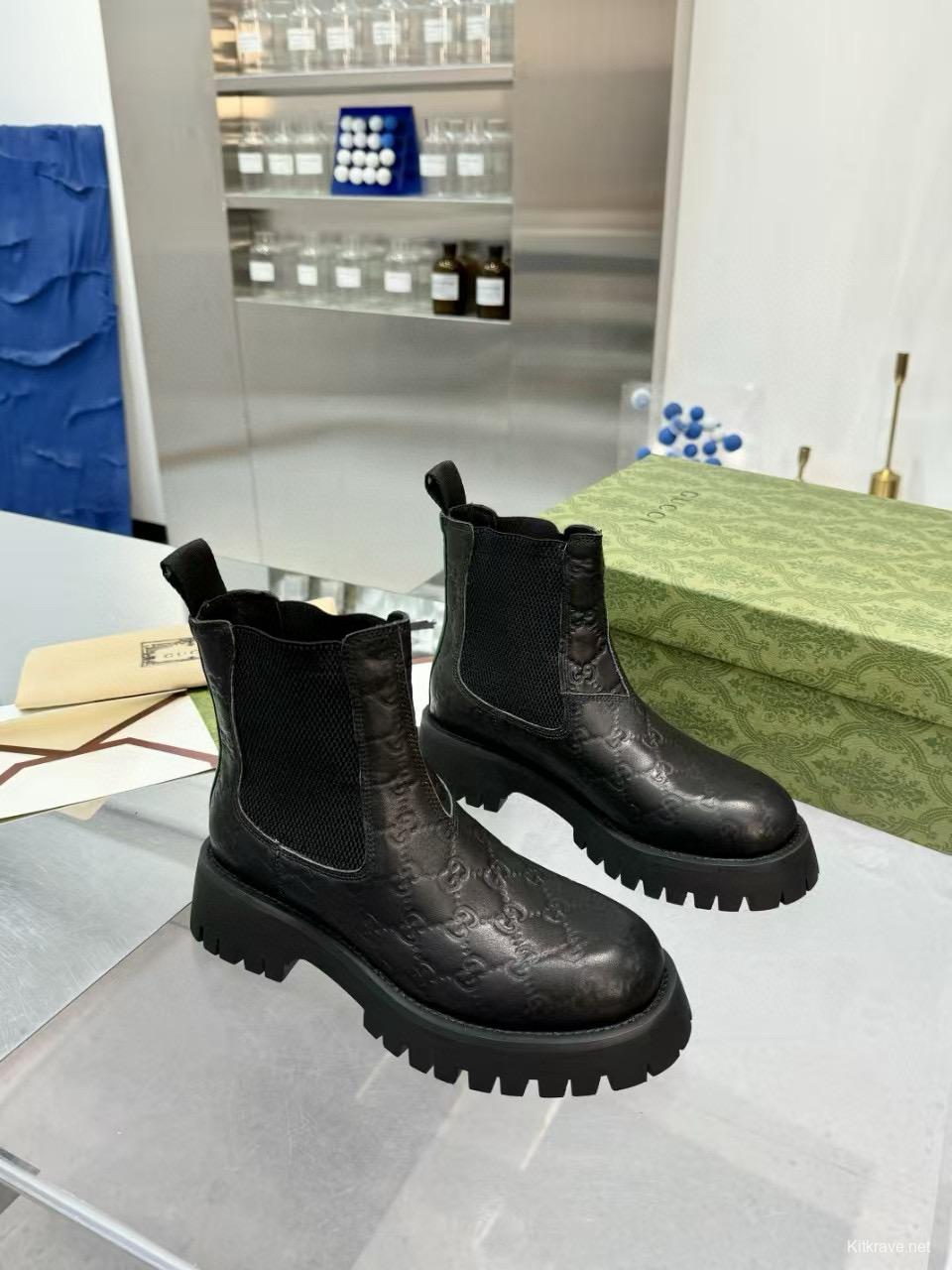 2024 Women Gucci Black Leather Ankle Boots MJ00340