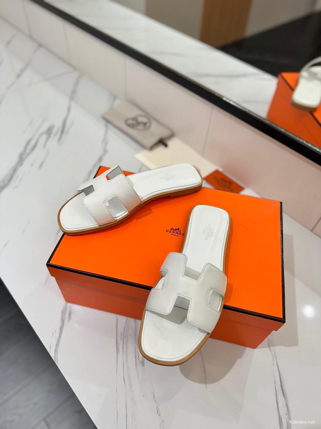 2025 Women Hermès White Leather Slippers