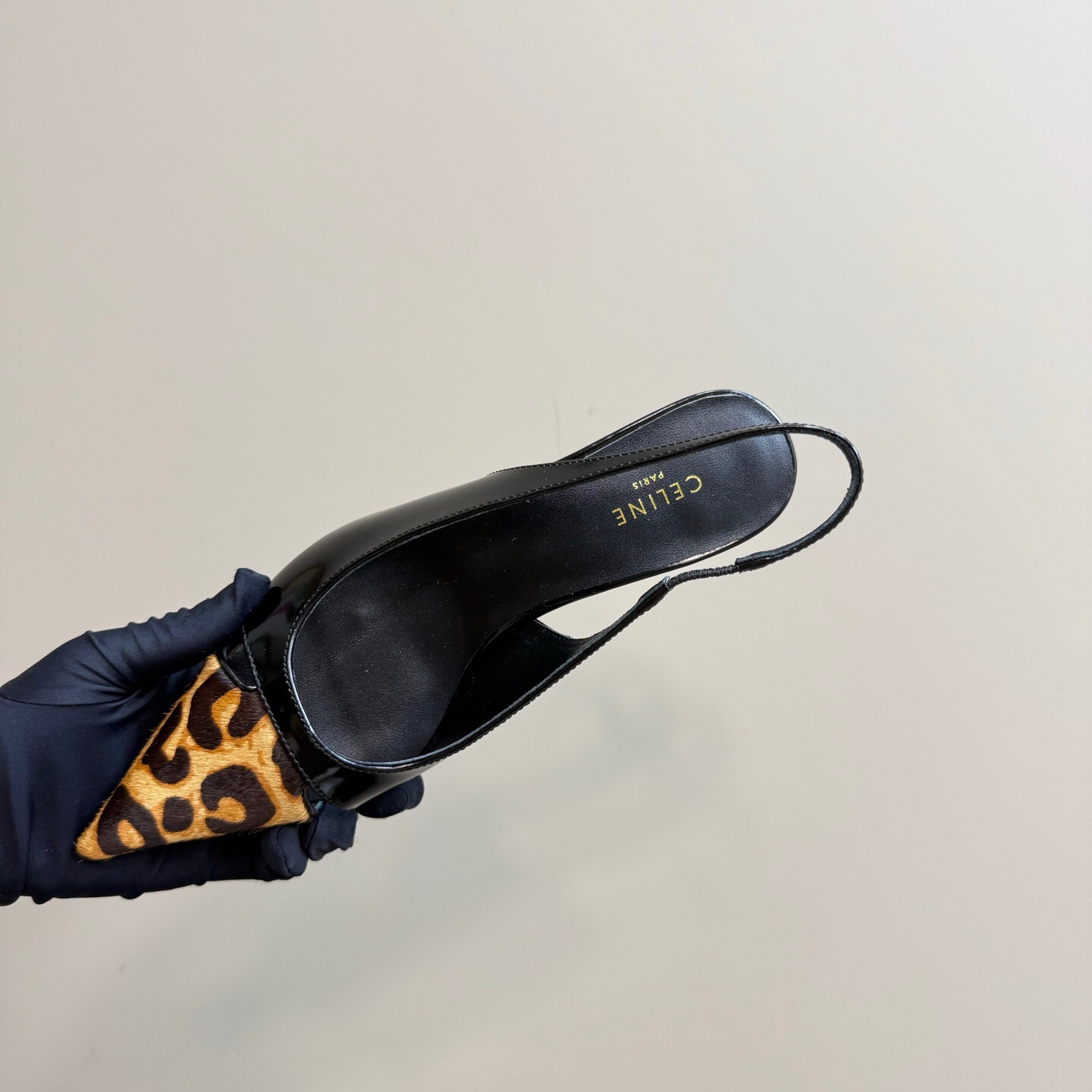 2025 Women CELINE Black Leopard Print Patent Leather Slingback Pumps