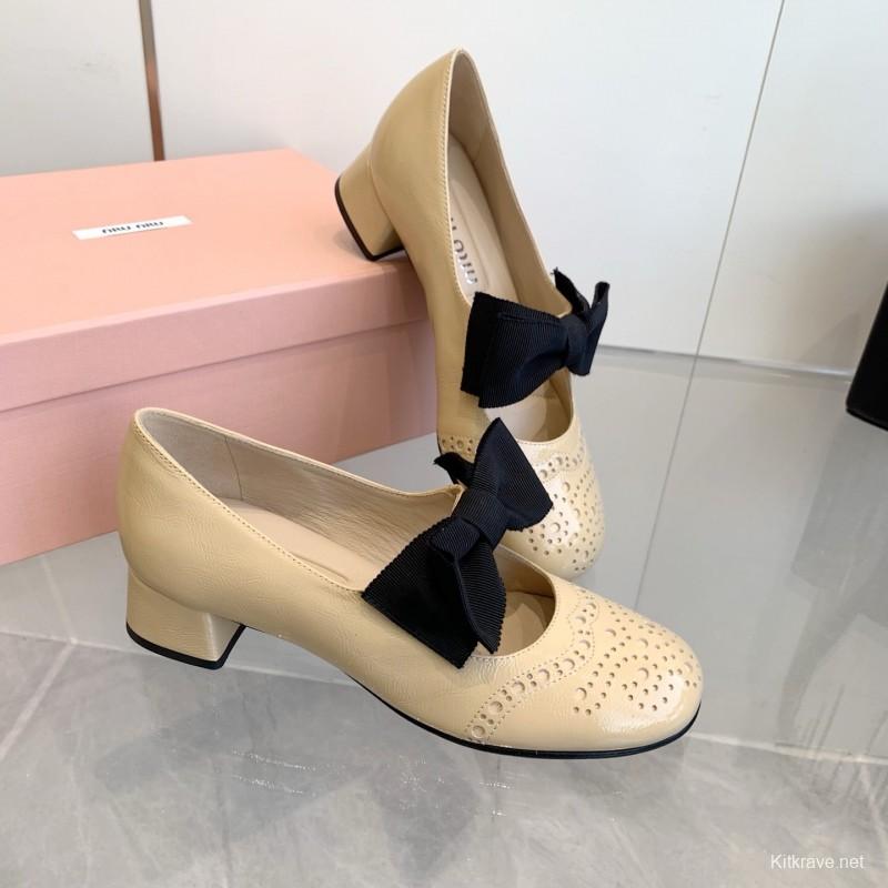 2025 Women Miu Miu Beige Black Leather Mary Jane Bow KFY00280