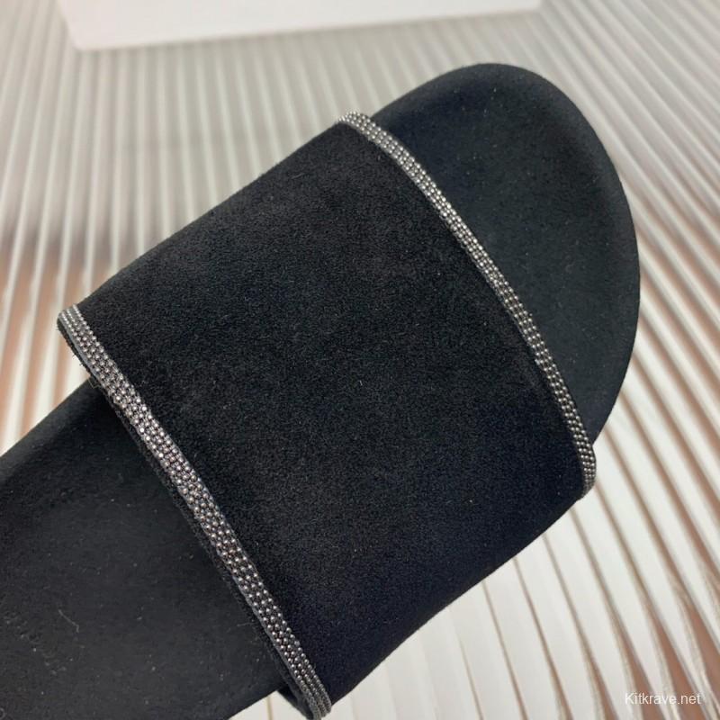 2025 Women BRUNELLO CUCINELLI Black Imported Suede Flat Sandals Handcrafted Beaded Chain Decoration KFY00240(F)