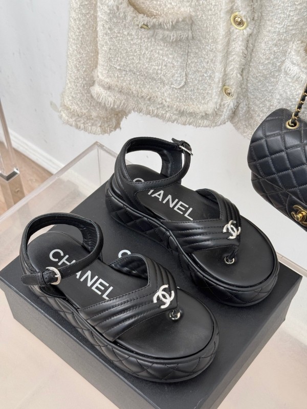 2025 Women Chanel Black Leather Sandals Platform