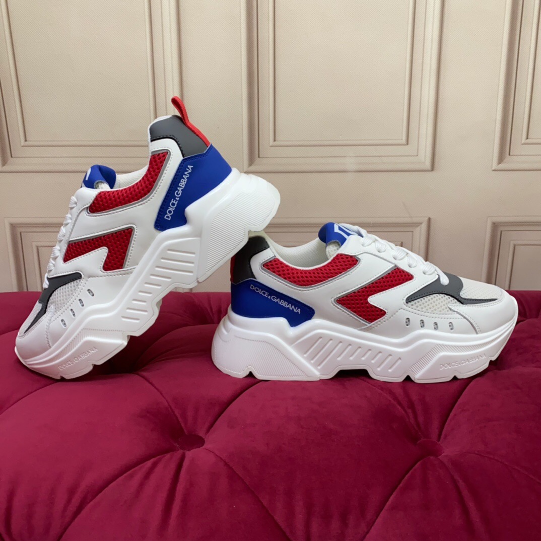2025 Unisex Dolce & Gabbana White Red Blue Leather Mesh Sneakers LY00330(F)/LY00340(M)