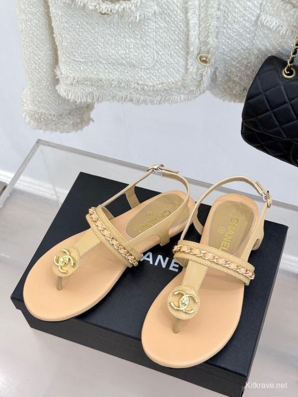 2025 Women Chanel Apricot Leather Sandals KFY00250