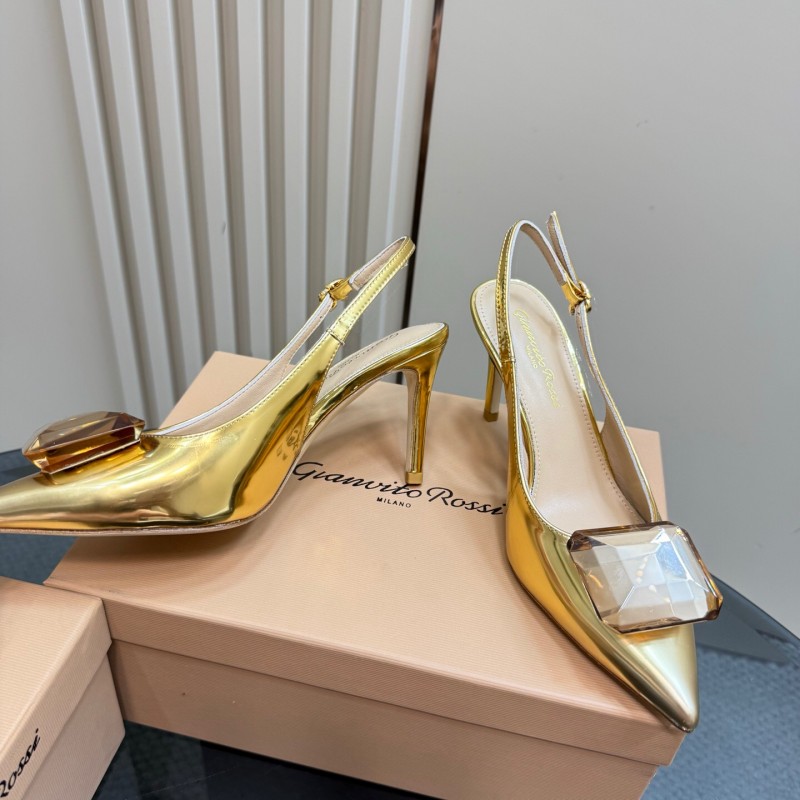 2025 Women Gianvito Rossi Gold Leather Slingback Gemstone KFY00300