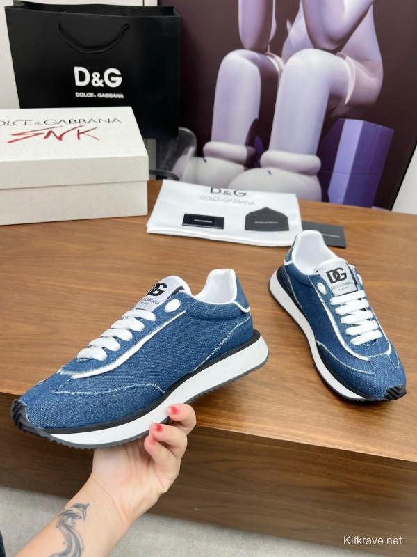 2025 Unisex Dolce & Gabbana Blue Denim Leather Sneakers LY00300
