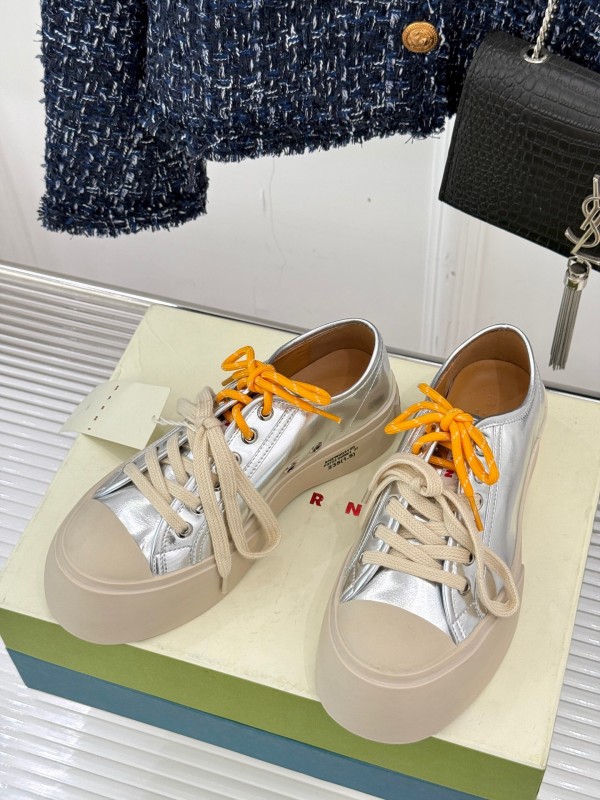 2025 Women Marni Silver Leather Thick Sole Retro Style Platform Sneakers LY00360(F)