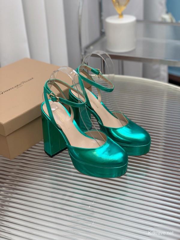 2025 Women Gianvito Rossi Metallic Green Leather Platform Sandals