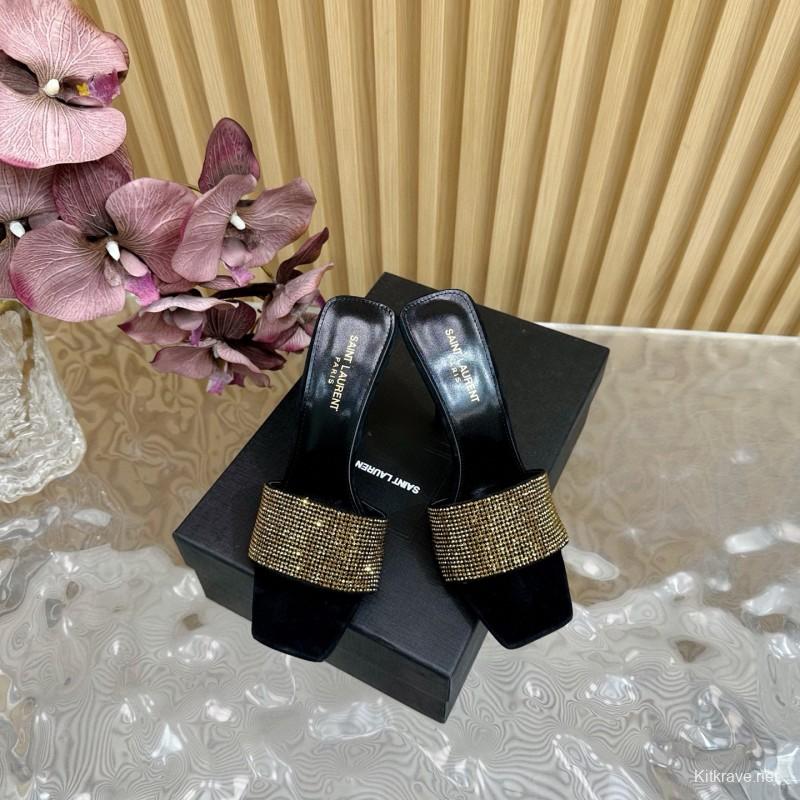 2025 Women Yves Saint Laurent Black Gold Rhinestone Leather High Heel Sandals MJ00300
