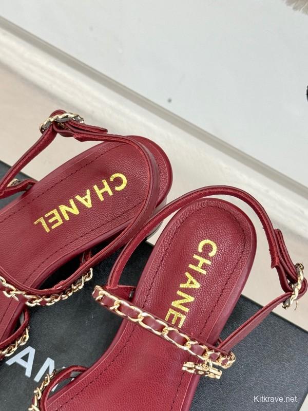 2025 Women Chanel Red Leather Chain Strap Sandals KFY00270