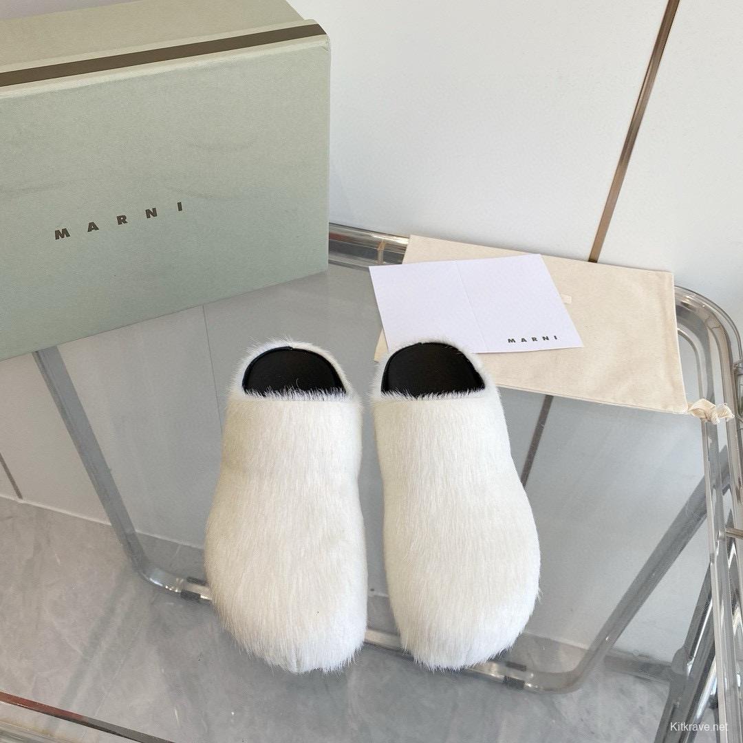 2024 Women Marni White Pony Hair Leather Mules MJ00320
