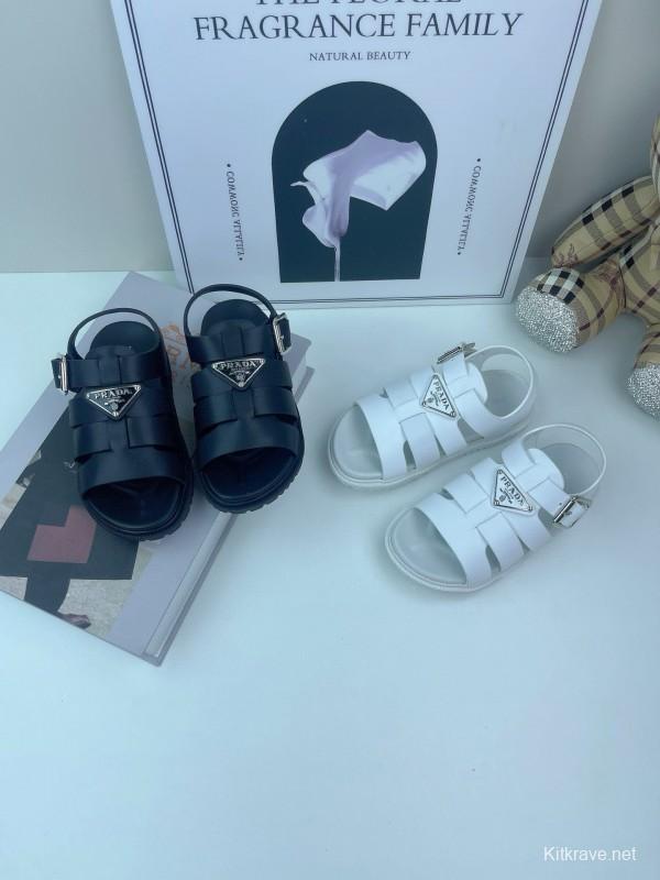2025 Kids PRADA Black White Leather Sandals