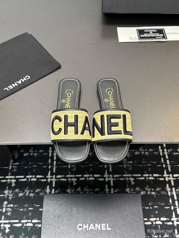 2025 Slippers Chanel Yellow Black Fabric Slide