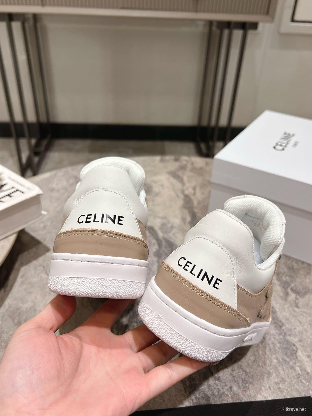2025 Women Celine Beige White Leather Sneakers