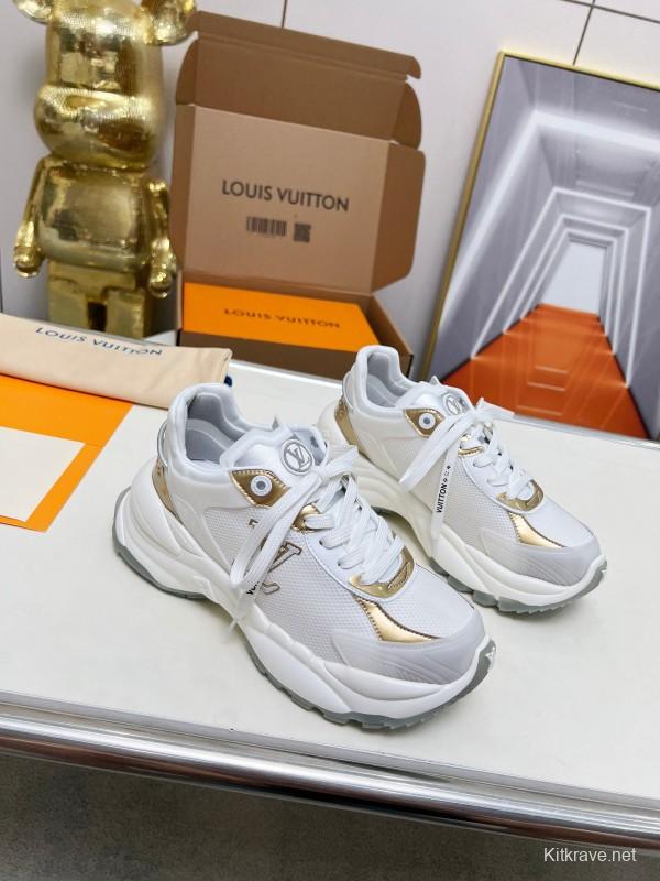 2025 Women Louis Vuitton White Gold Leather Mesh Sneakers LY00340