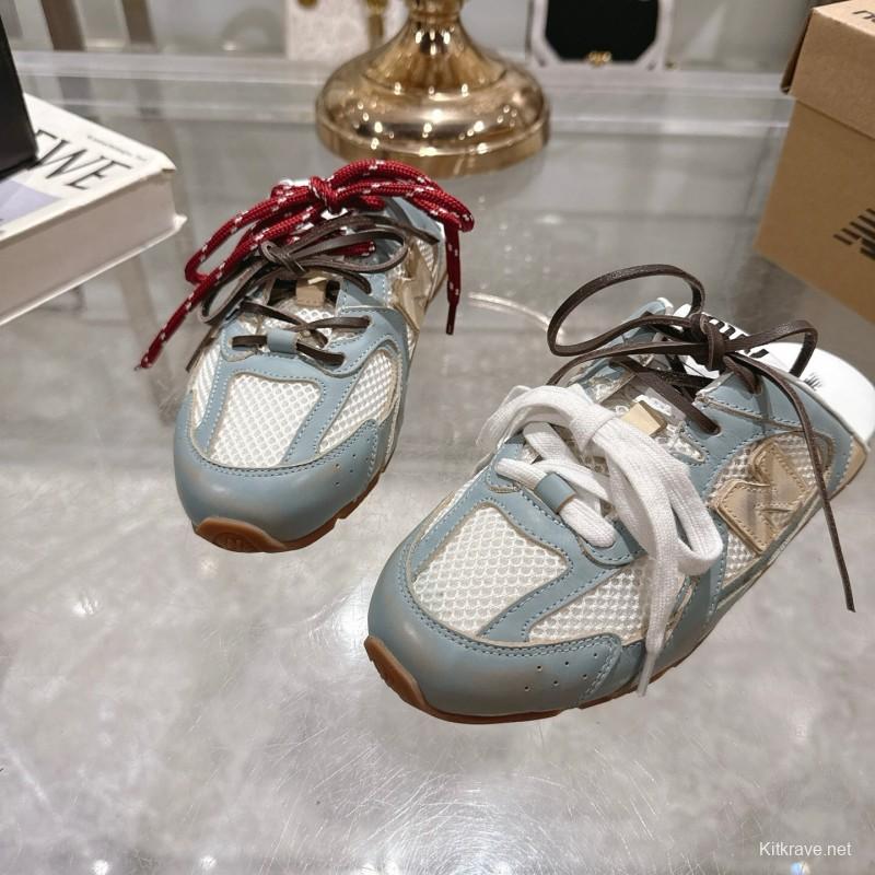 2025 Women Miu Miu Blue White Beige Leather Mesh Sneakers