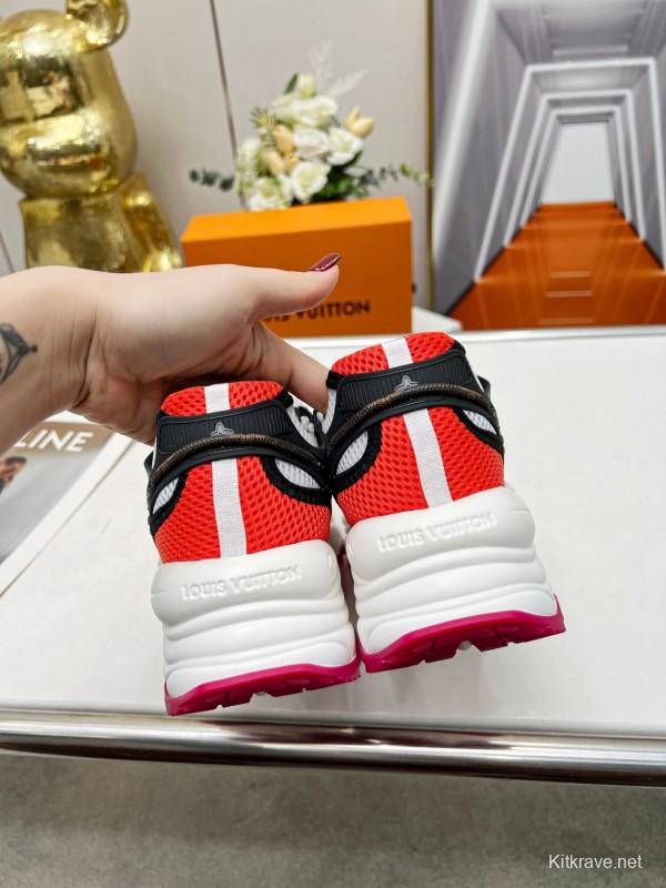 2025 Women Louis Vuitton Pink Orange Black Mesh Leather Sneakers LY00340