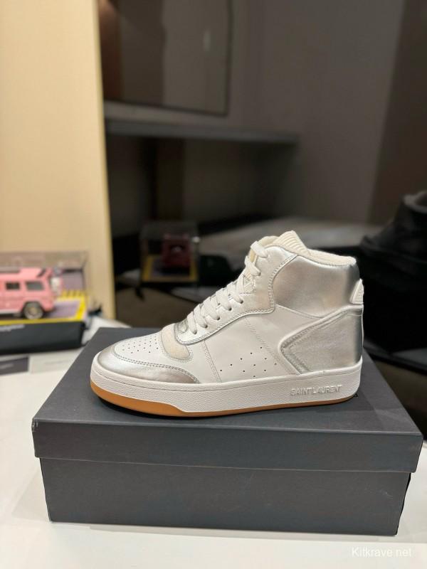 2024 Unisex Yves Saint Laurent White Silver Leather High Top Sneakers MJ00390