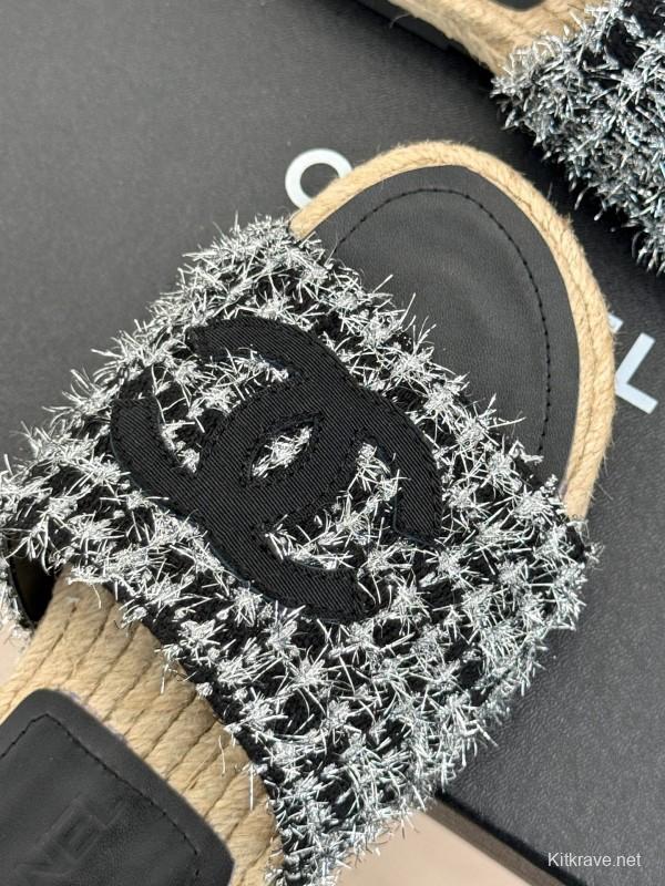 2025 Slippers Chanel Black White Tweed Espadrille Handcrafted KFY00230
