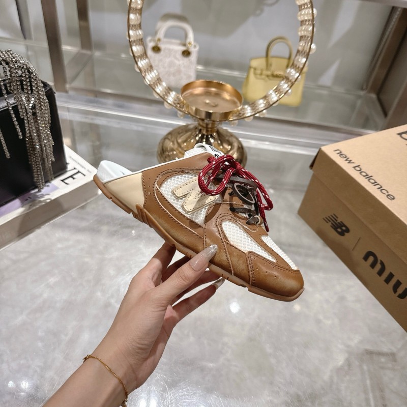 2025 Women Miumiu Brown White Leather Mesh Sneakers