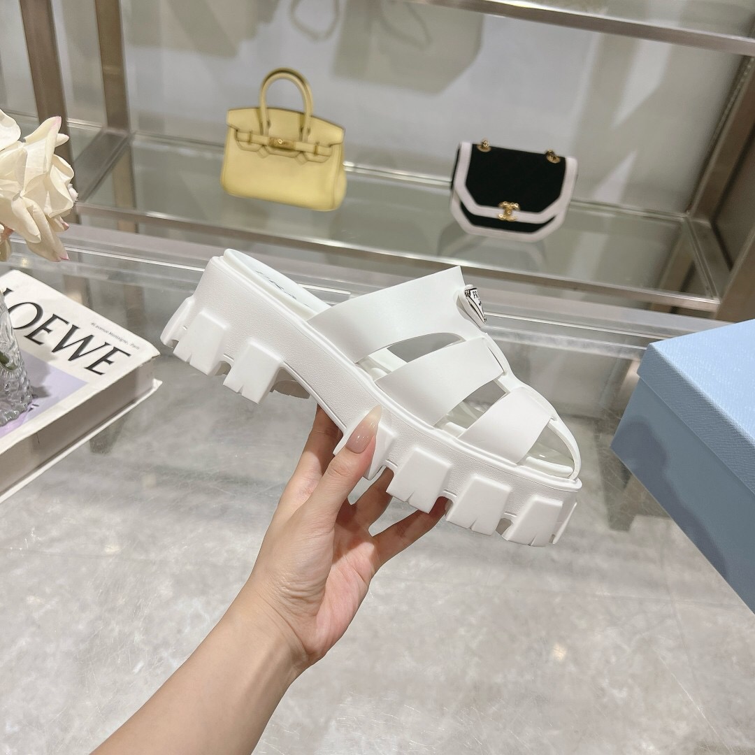 2025 Women Prada White Leather Slippers LY00250