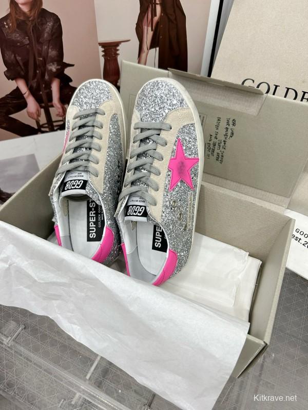 2024 Women GGDB Silver Pink Leather Suede Sneakers