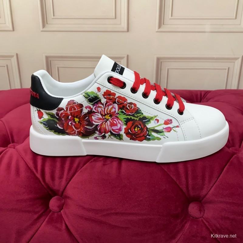 2025 Women Dolce & Gabbana White Red Leather Sneakers Floral LY00300