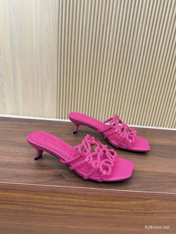 2025 Women Loewe Pink Leather Heeled Sandals LY00210