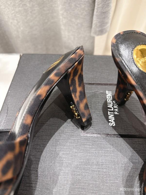 2025 Women Yves Saint Laurent Leopard Print Leather High Heel Sandals
